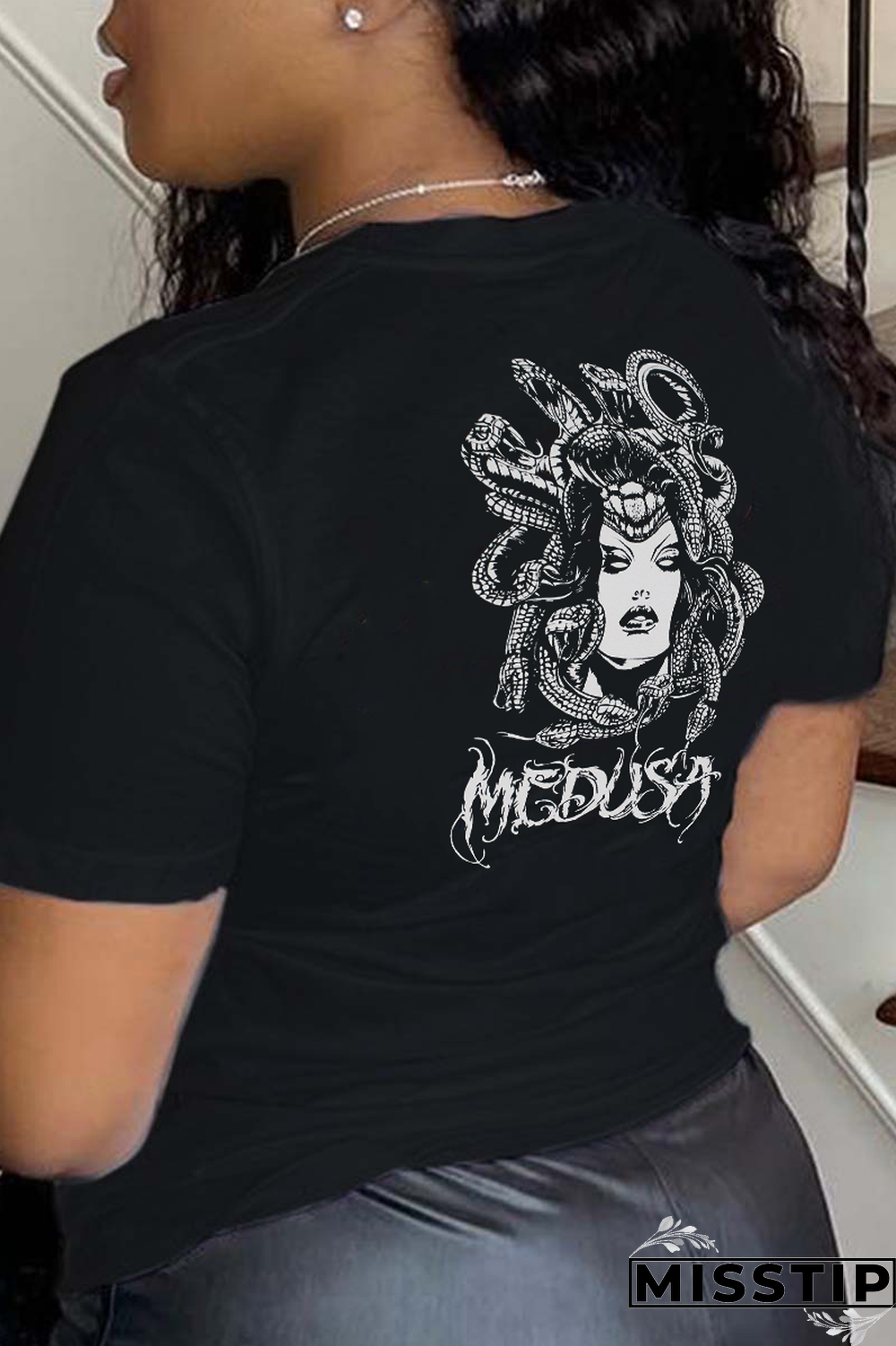 Black Sexy Vintage Print Patchwork O Neck T-Shirts