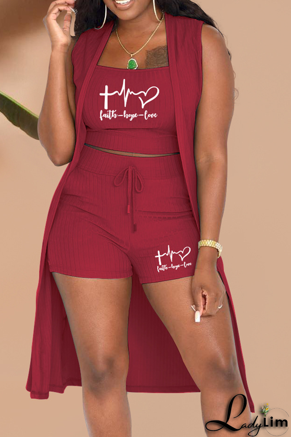 Pink Fashion Print Patchwork Cardigan Collar Sleeveless Three Pieces