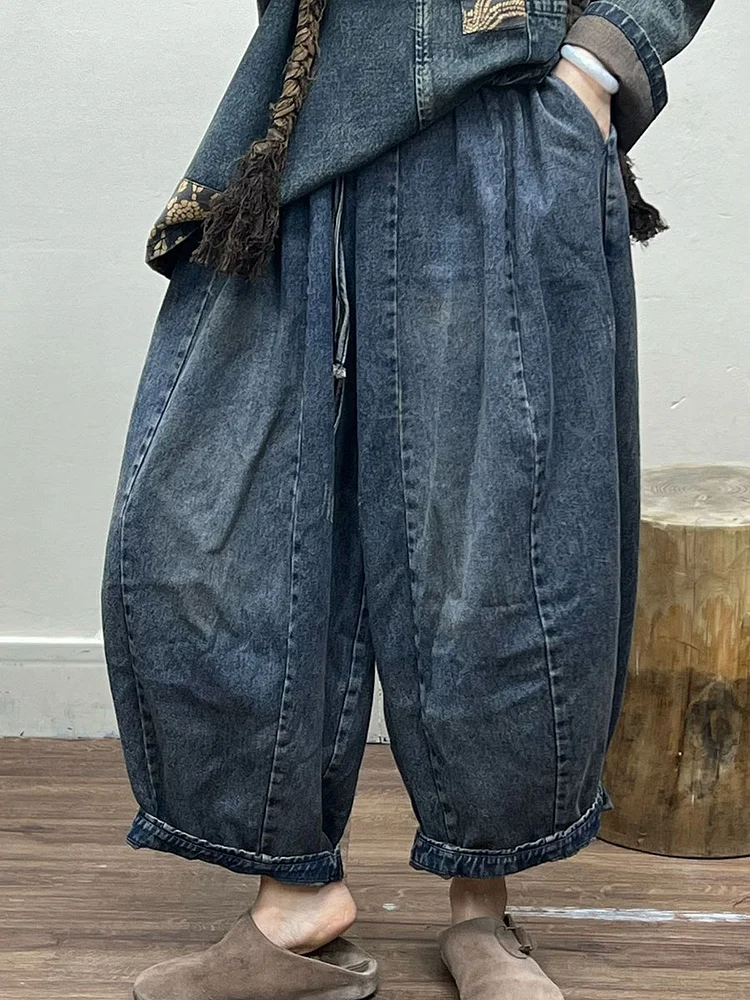 Women Spring Vintage Spliced Pocket Roomy Pants