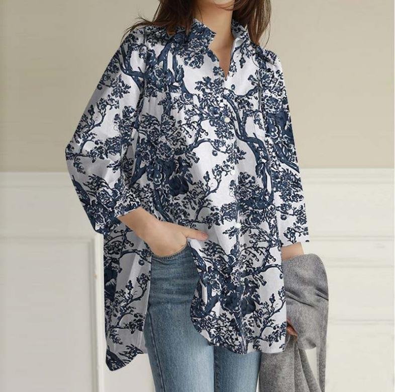 Cotton Linen Oversized Long Sleeve Floral Button Shirt