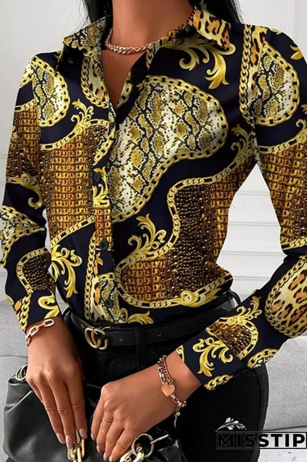 Black Red Casual Print Patchwork Shirt Collar Tops