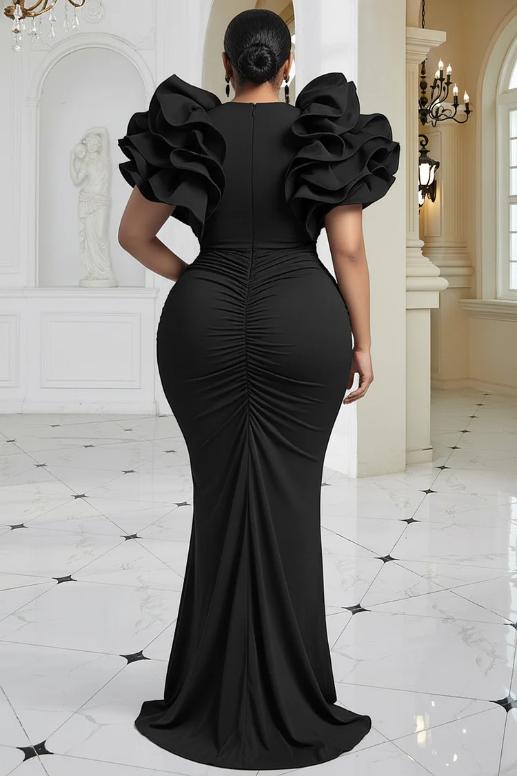 Xpluswear Design Plus Size Formal Black V Neck 3D Elegant Bodycon Maxi Dresses [Pre-Order]