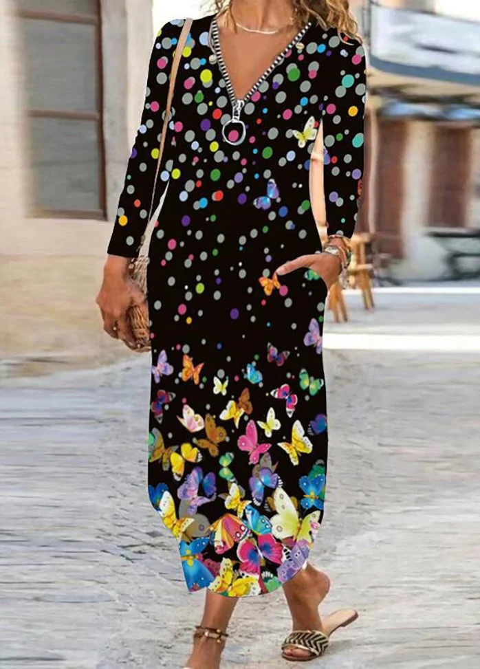 Zipper V Neck Printed Long Sleeve Dress