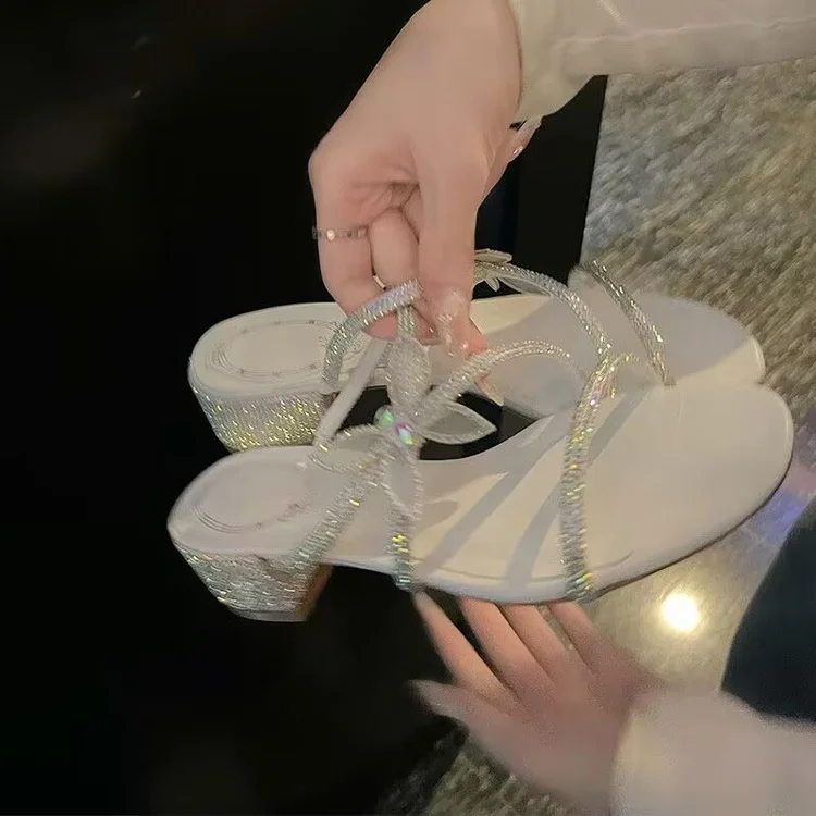 Tanguoant Tanguoant Summer New Fashion Rhinestone Bow Thin With High Heel Cool Drag Thin Heel Slippers Women's Shoes