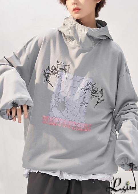 Chic gray prints cotton clothes For Women fall loose patchwork hooded Sweat shirt