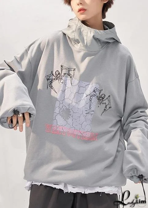 Chic gray prints cotton clothes For Women fall loose patchwork hooded Sweat shirt