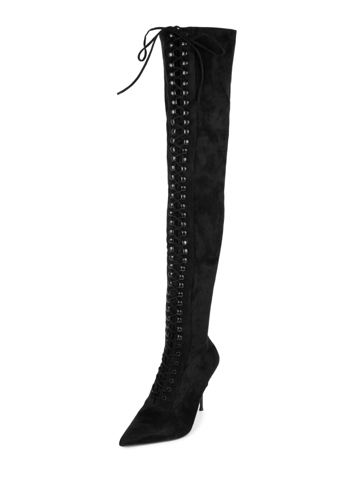 Taafo Black Stretch Faux Suede Pointed-Toe Half-Zip Lace-Up Over-The-Knee Stiletto Boots