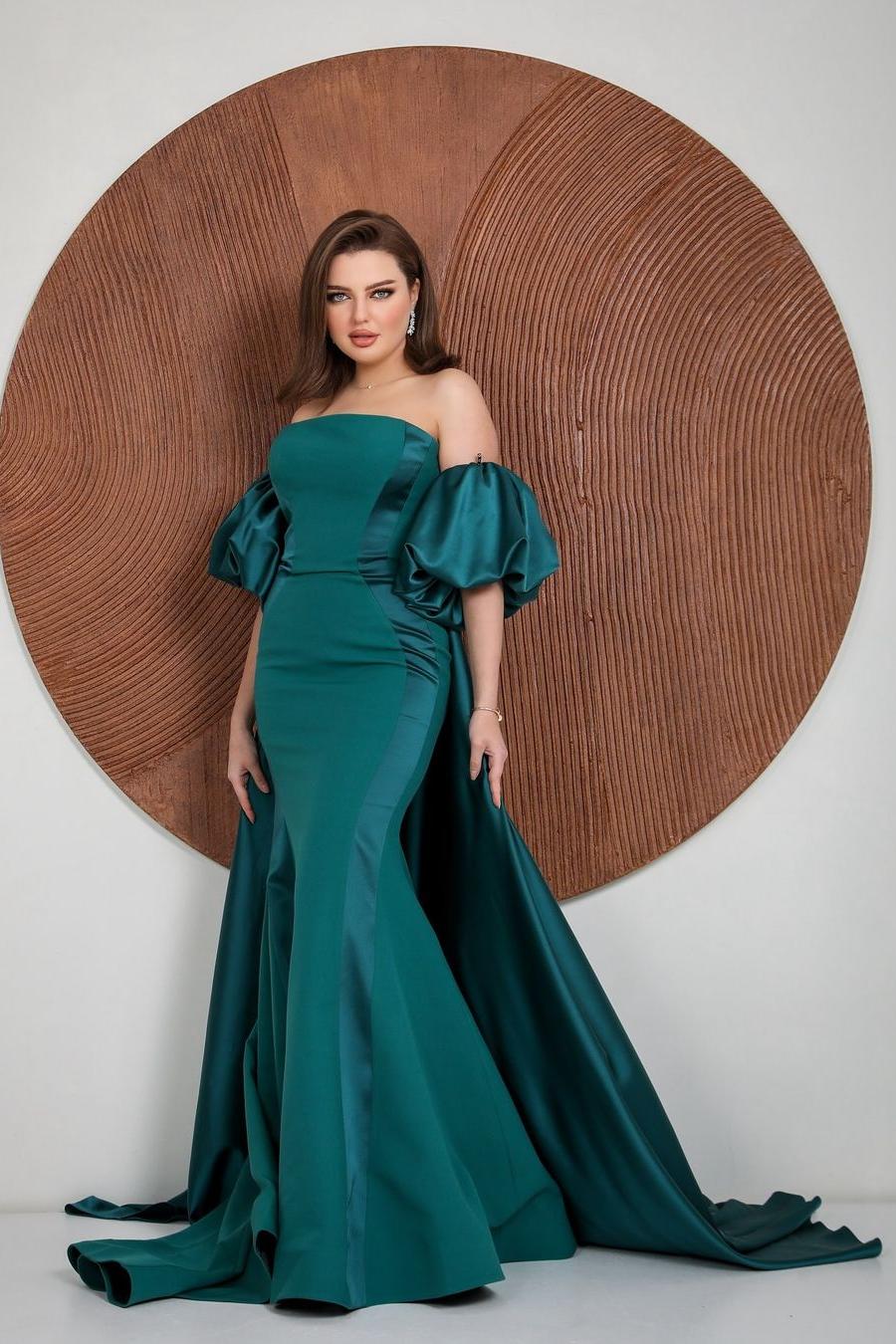 Lvs&Broner Charming Puff Sleeves Strapless Long Pleated Mermaid Prom Dress With Ruffles