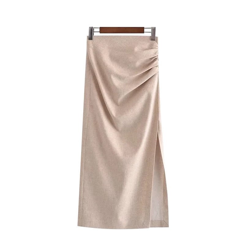 TRAF Women Chic Fashion With Draped Front Slit Linen Midi Skirt Vintage High Waist Back Zipper Female Skirts Mujer