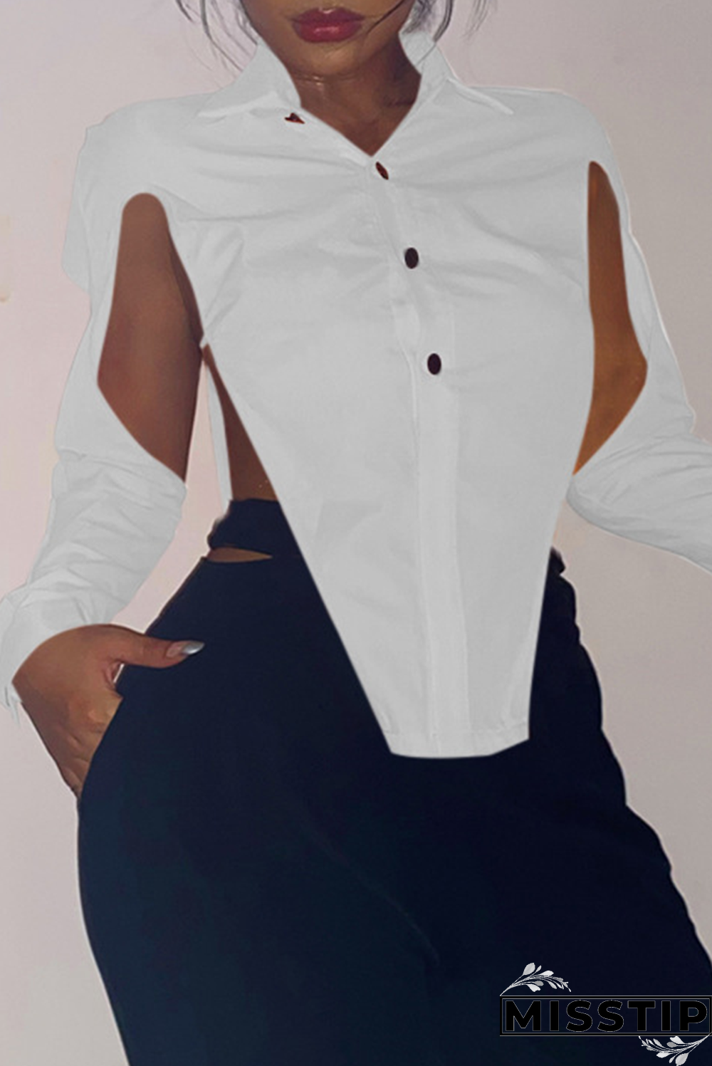 Grey Sexy Solid Hollowed Out Turndown Collar Tops