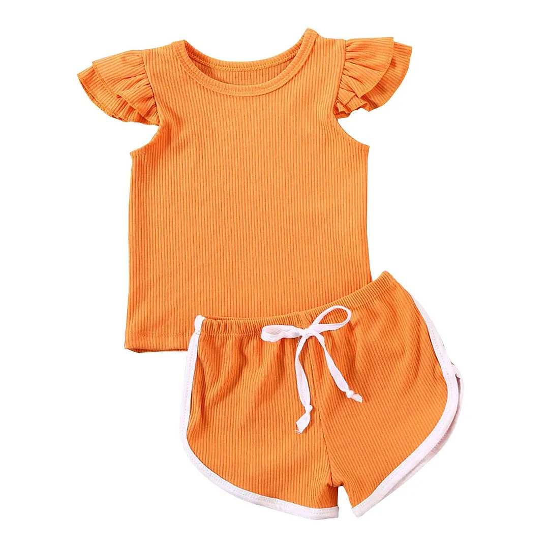 2020 Baby Summer Clothing 2PCS Newborn Kids Baby Girl Clothes Ruffled Sleeve Shirt Top Pants Shorts Kintted Ribbed Outfit Set