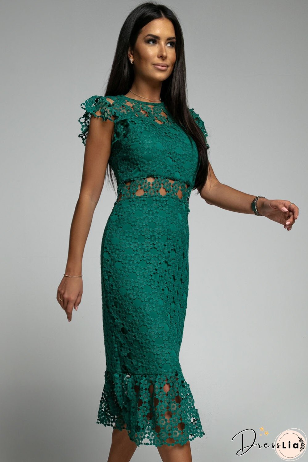 Green Lace Lined Midi Dress