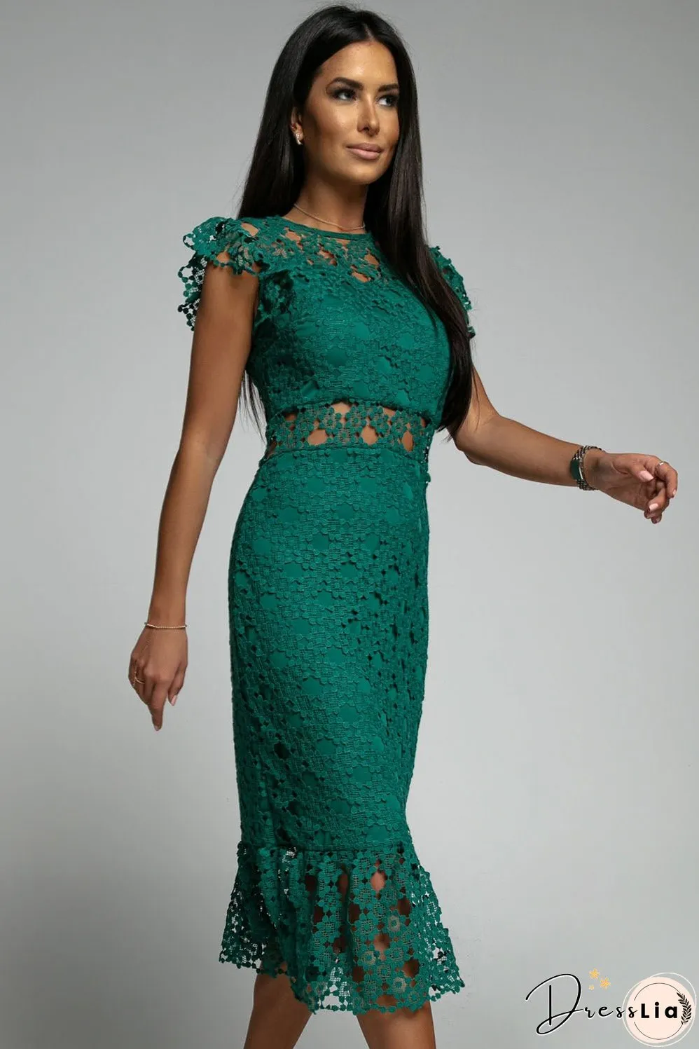 Green Lace Lined Midi Dress