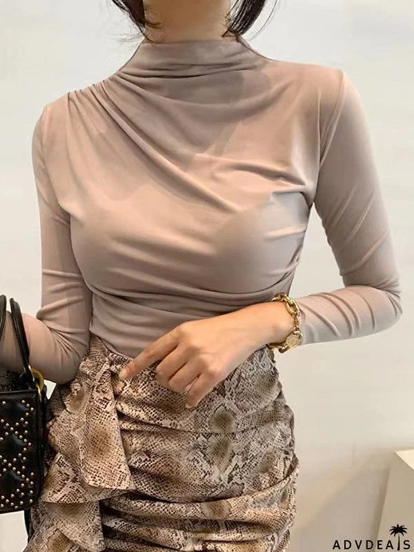 Long Sleeves Skinny Pleated Solid Color Mock Neck T-Shirts Tops