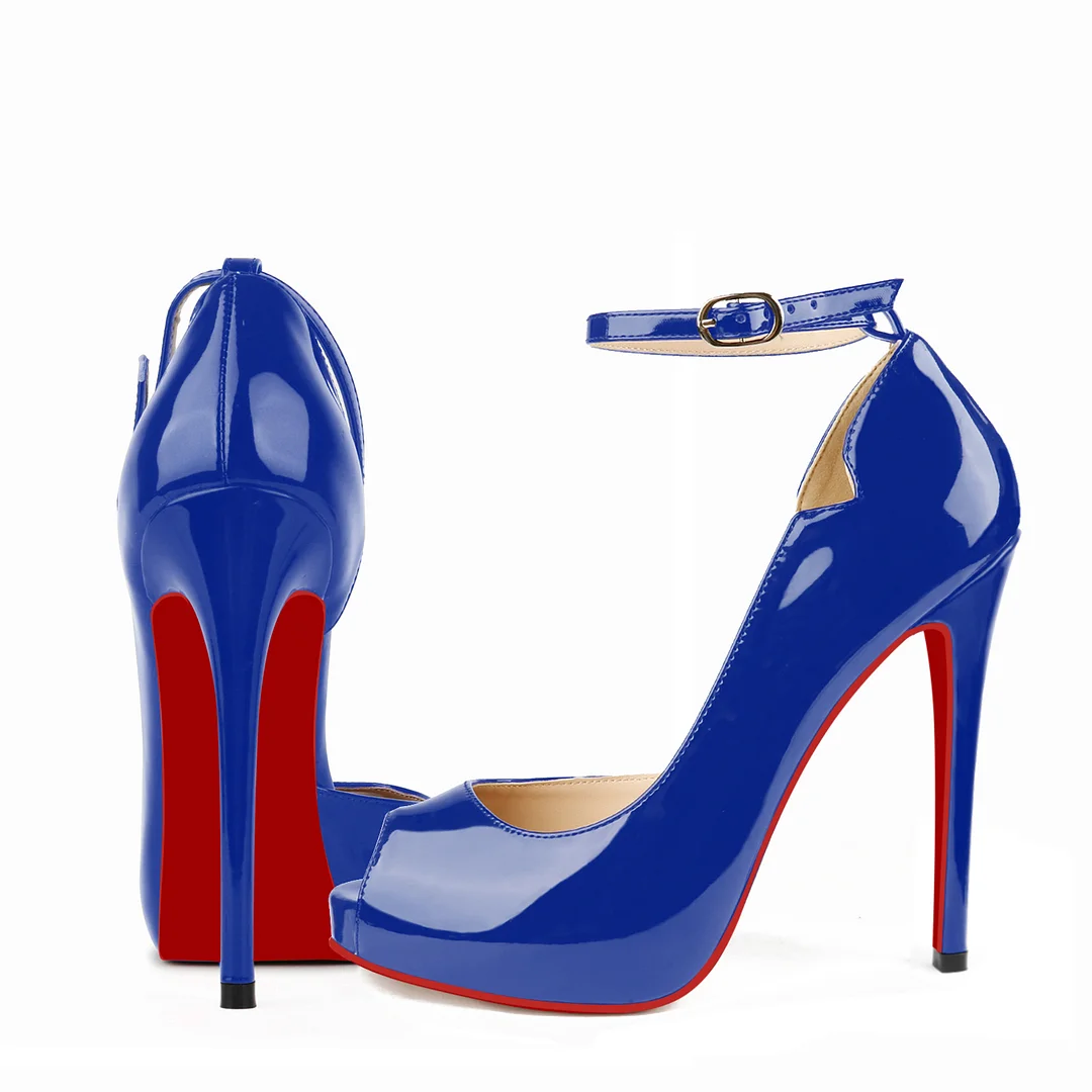 120mm Red Bottom Strap Platform Stilettos Pumps Round Chick Alta Patent Heels-MERUMOTE