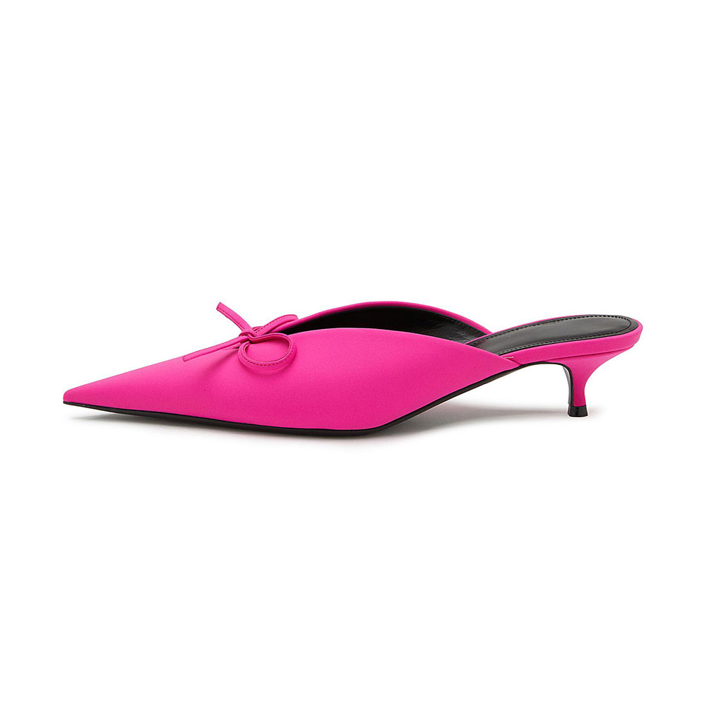 Women's Fuchsia Fabric Kitten Heel Pointy Toe Mules Shoes with Bow Nicepairs