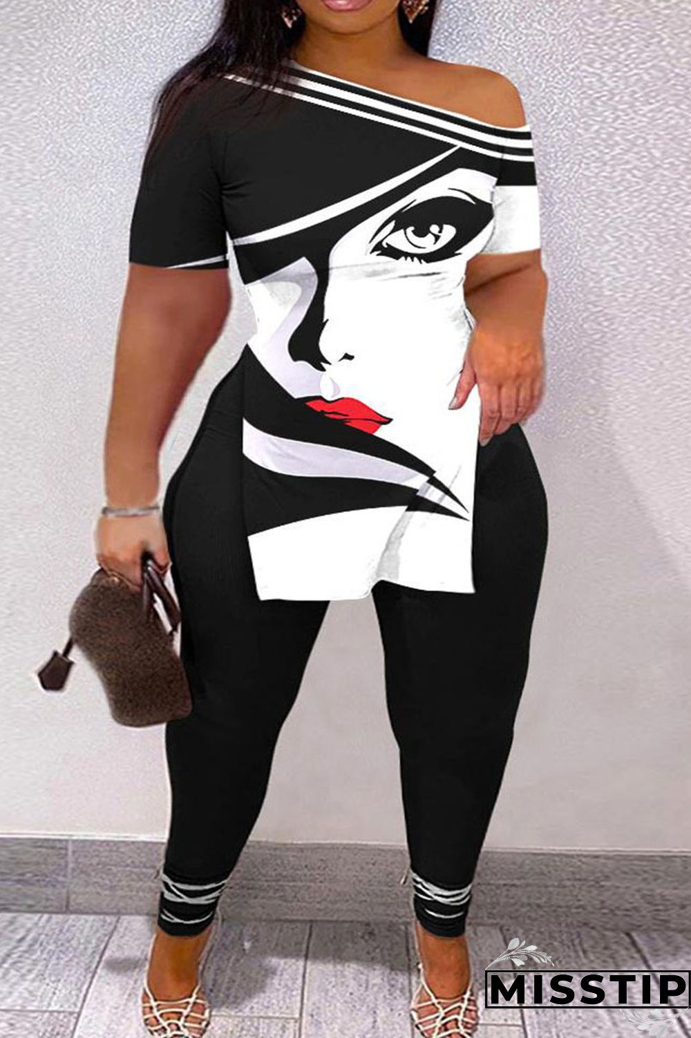 Black And White Casual Print Patchwork Slit Oblique Collar Short Sleeve Two Pieces