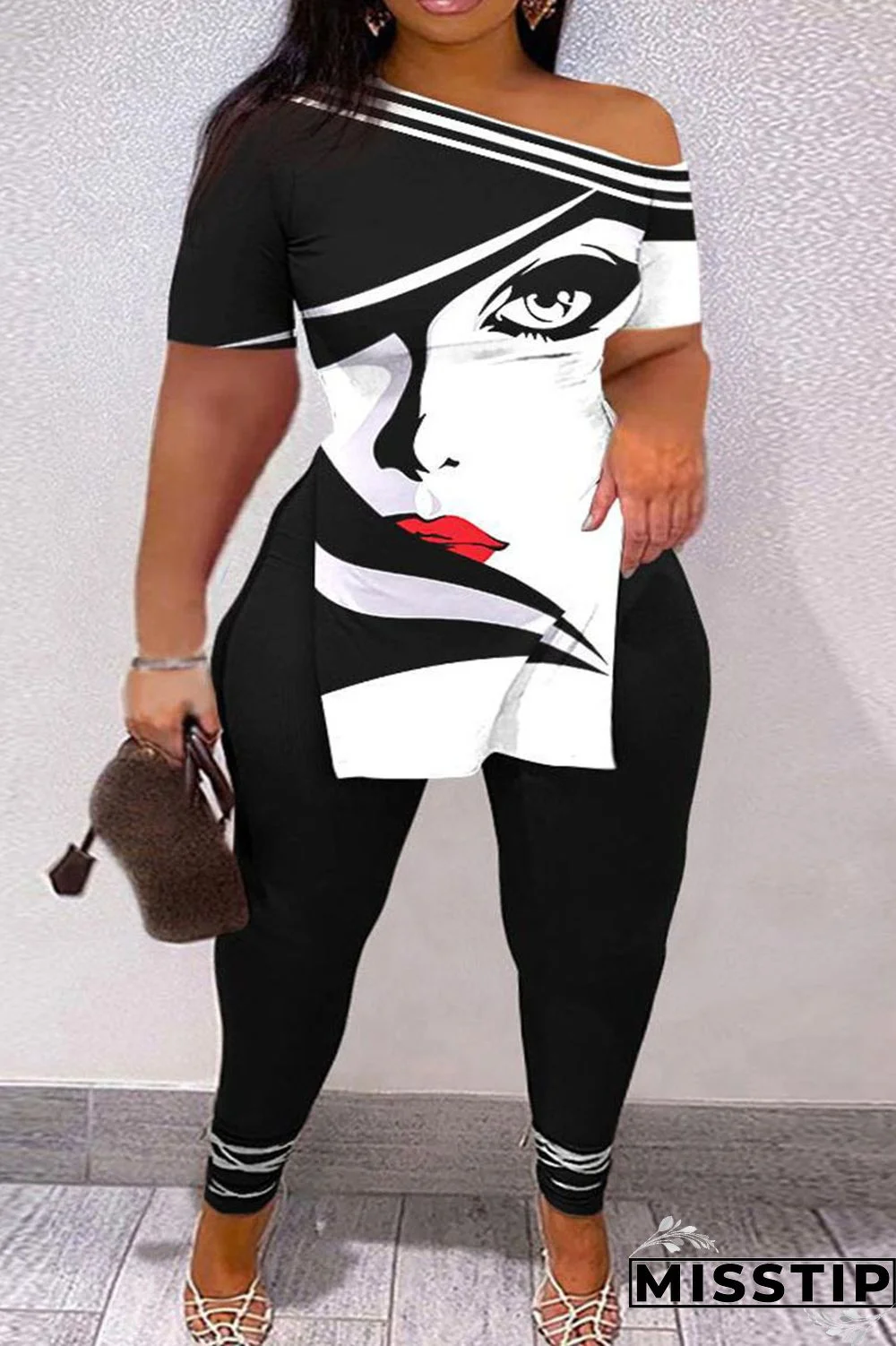 Black Casual Print Patchwork Slit Oblique Collar Short Sleeve Two Pieces