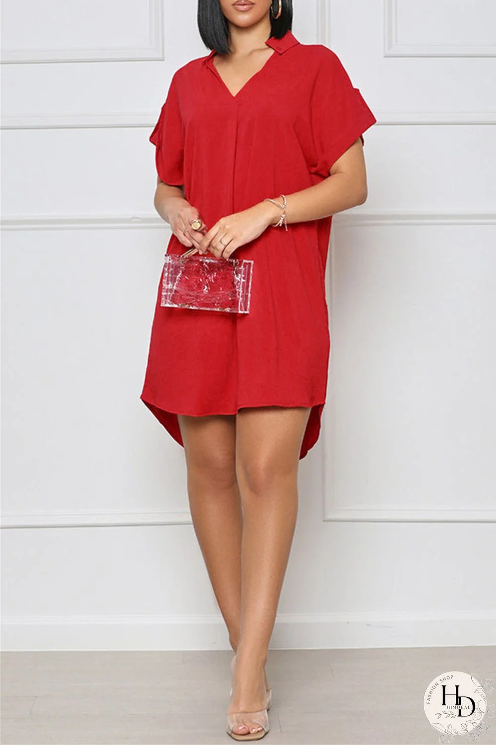 White Fashion Casual Solid Patchwork V Neck Short Sleeve Dress