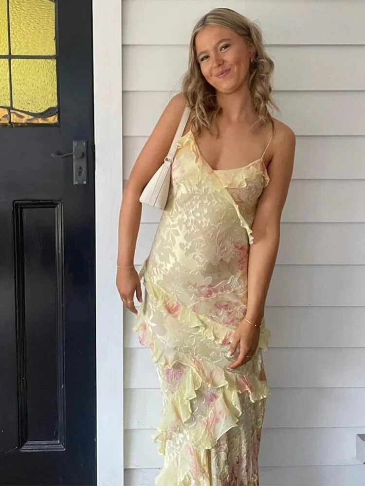 Chic V Neck Sleeveless Sexy Ruffles Colorful Sling Maxi Dress 