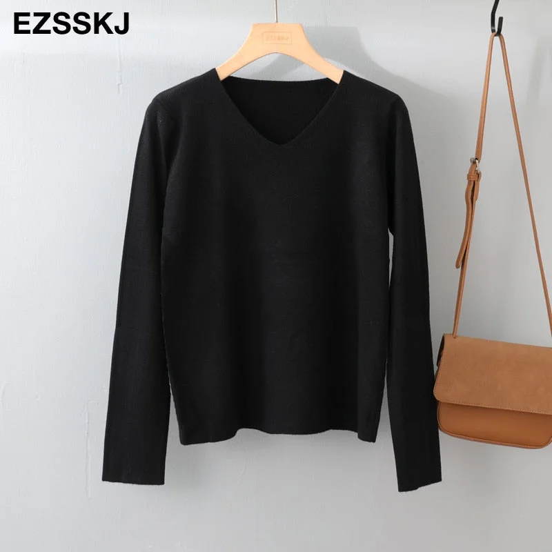 chic casual Autumn Winter Basic Sweater pullovers Women v-neck Solid Knit Slim Pullover female Long Sleeve warm Khaki Sweater