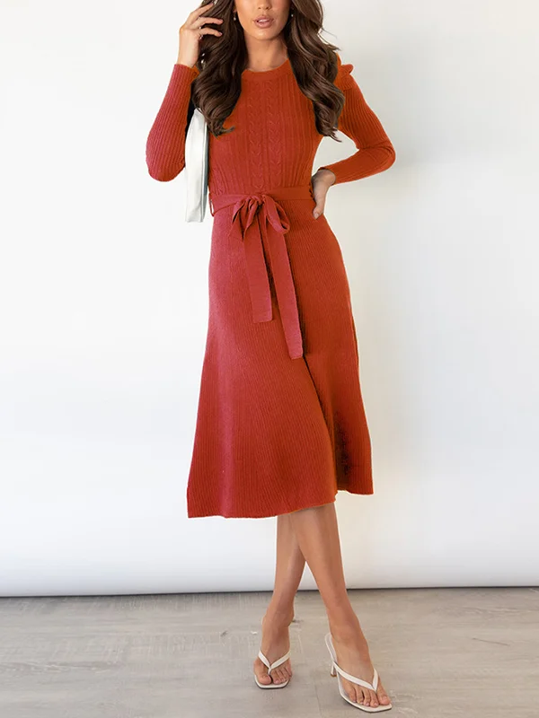 Tied Waist Solid Color Long Sleeves High Waisted Round-Neck Sweater Dresses Midi Dresses