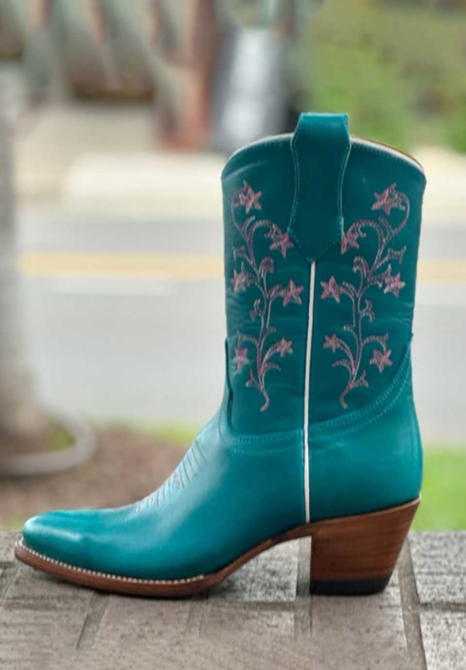 Turquoise Vegan Leather Pink Floral Embroidered Mid-calf  Cowgirl Boots With Chunky Heels