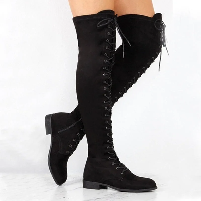 comemore New Sexy Women's Winter Boots Thigh High Boots Lace Up Rubber Female Shoes Rome Style Over The Knee Long Boot for Women
