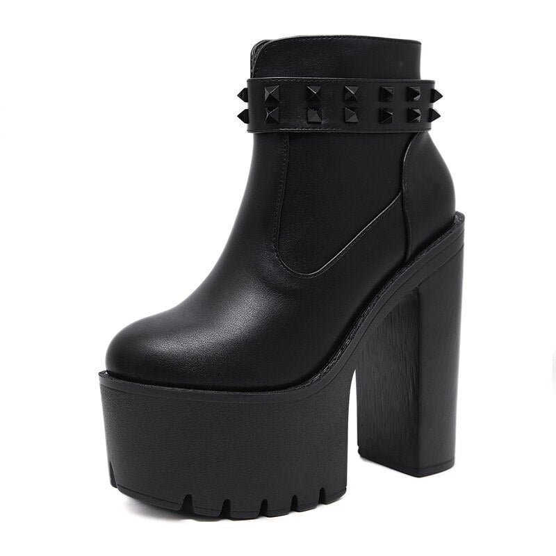 Gdgydh 2021 Hot Sales Women Ankle Boots With Rivets Round Toe Thick High Heeled Short Boots Platform Boots Gothic Chunky Heel