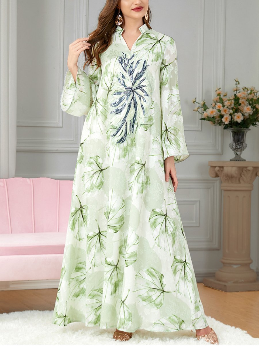 Green Leaf Sequins Design Stand Collar Middle East Gown | Oxredo Shop Ramadan Sale