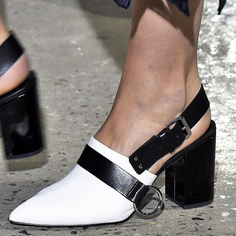 Black and White Buckle Pointy Toe Chunky Heel Slingback Pumps Vdcoo