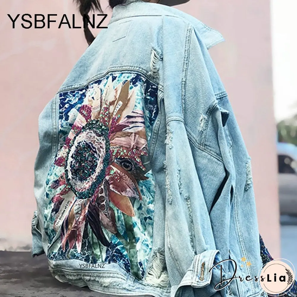 Womens denim jacket-feminine spring autumn boho sequin floral appliques embroidery coat