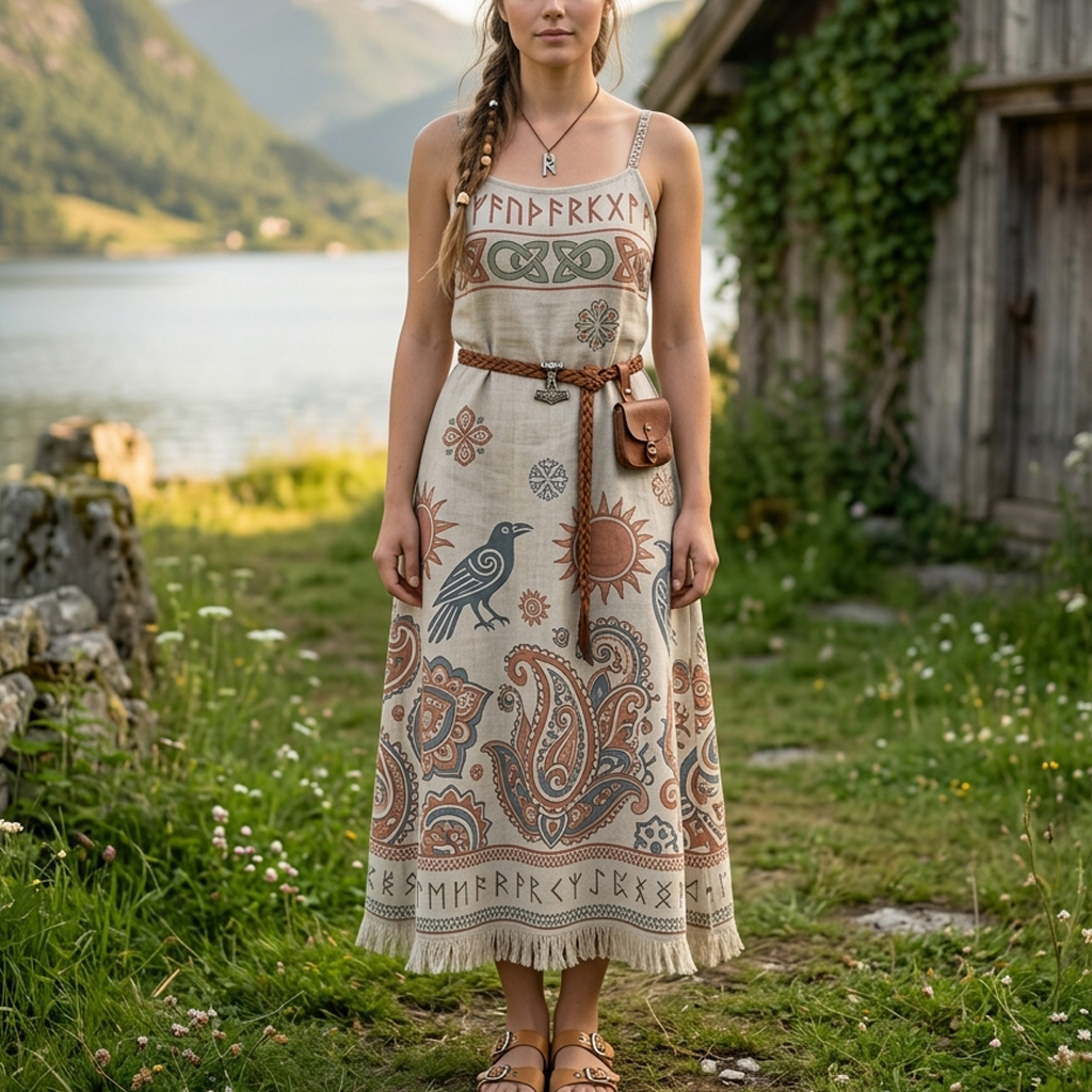 Cotton Linen Viking-Inspired Boho Maxi Dress with Nordic Symbols and Fringed Hem