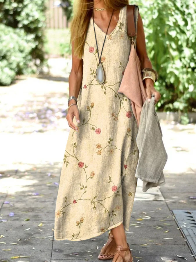 Retro Floral Sleeveless V-neck Loose Dress
