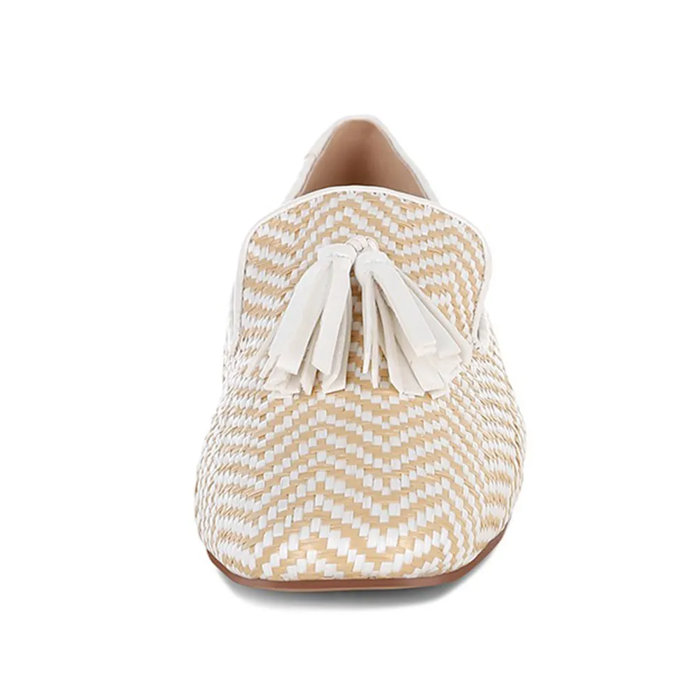 Beige and White Raffia Stripe Round Toe Tassel Loafer Flat Shoes Women