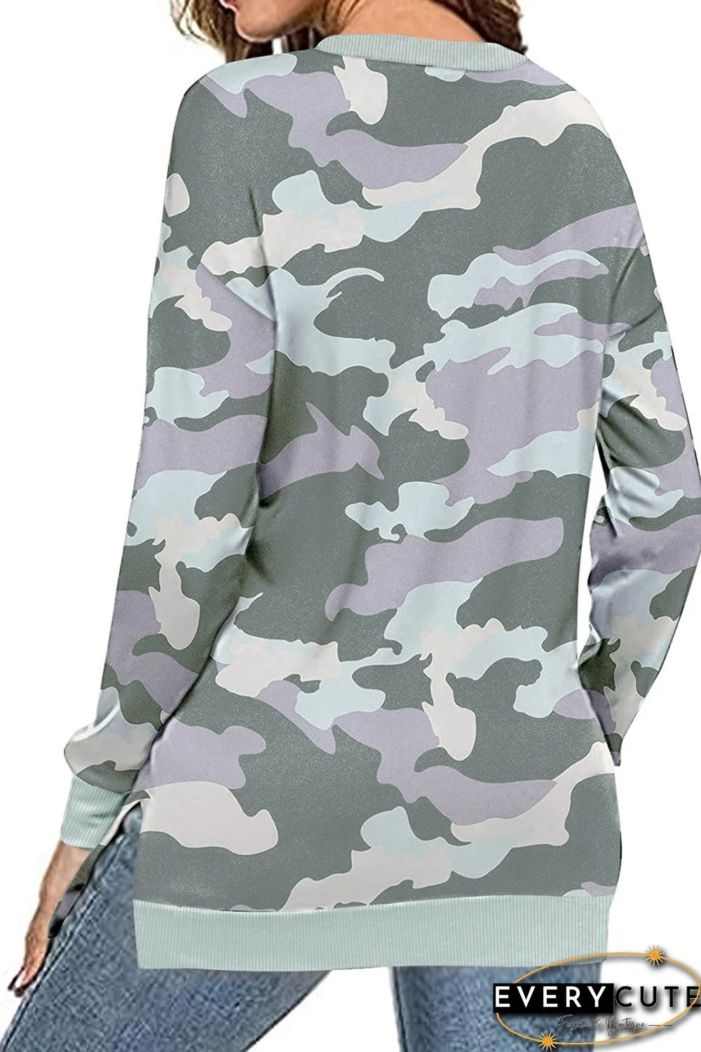 Light Green Camouflage Pullover Sweatshirt with Slits