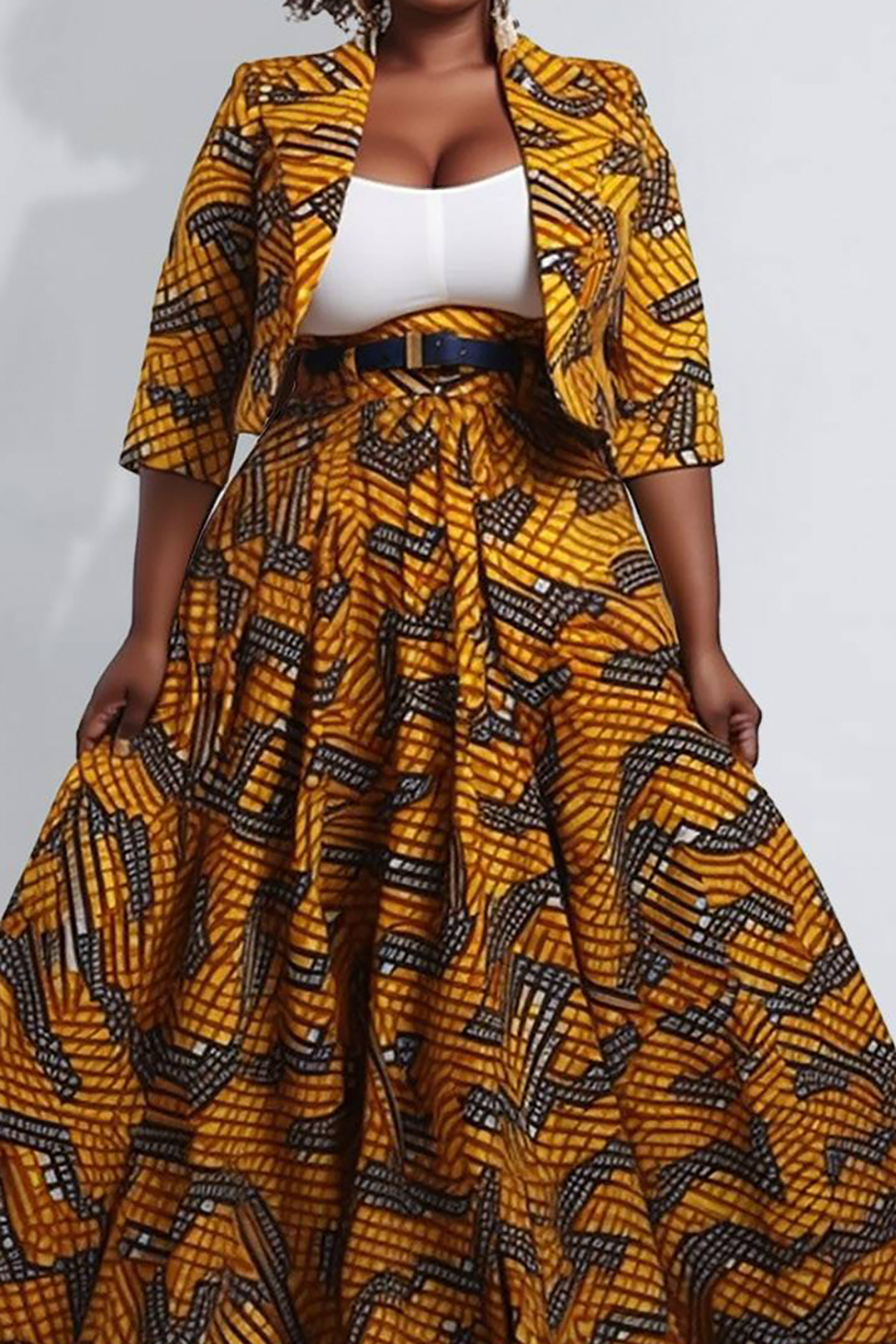 Design Plus Size Semi Formal Elegant Yellow Ankara Spring Summer Turndown Collar Half Sleeve Two Piece Skirt Sets (Without Belt) [Pre-Order]