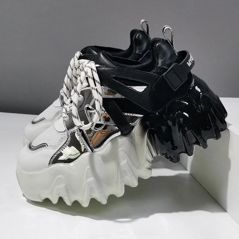 Women Sneakers Genuine Leather Mesh Stitching Crystal Jelly Flat Platform Girl Shoes Lace-Up Thick Bottom Cool Zapatos De Mujer