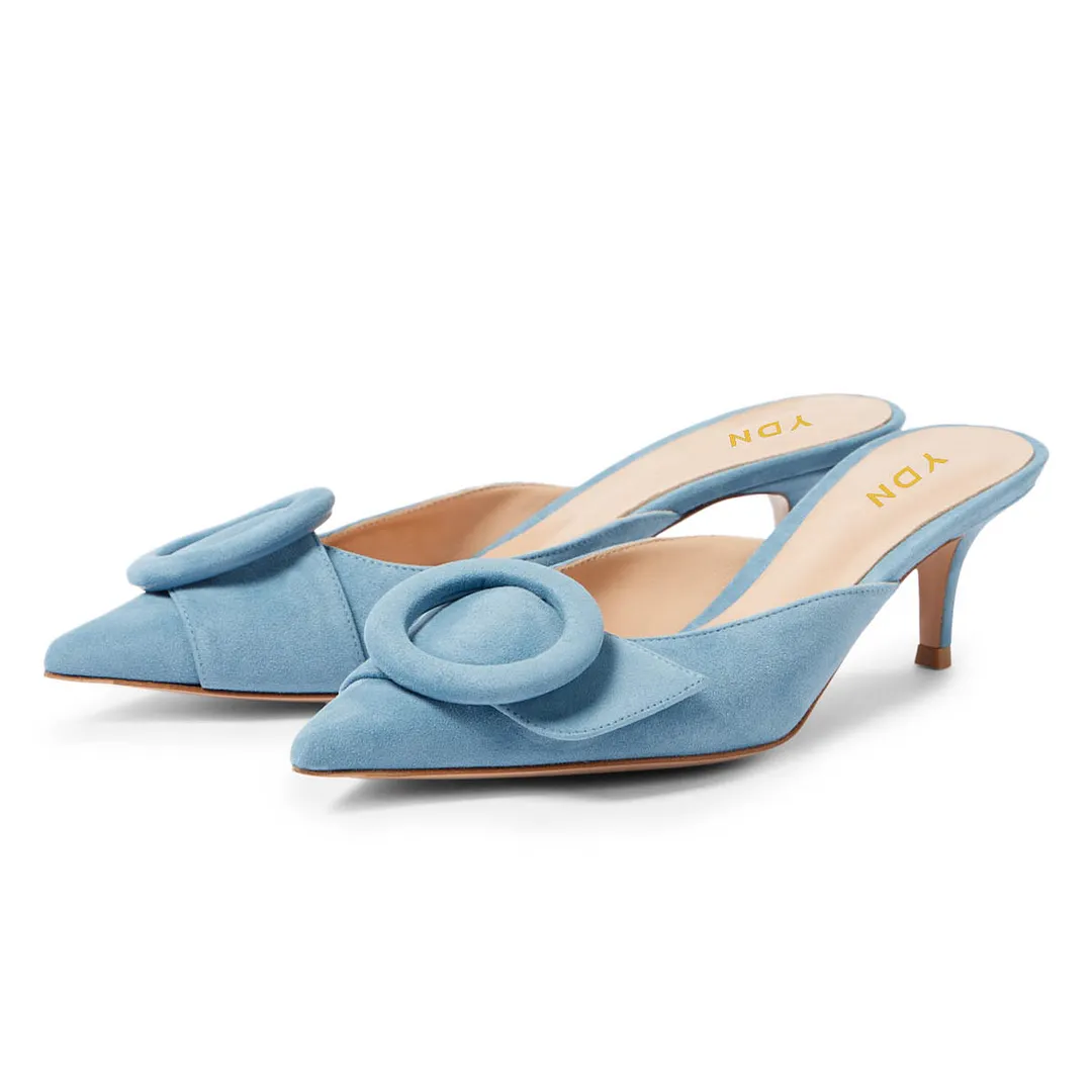 Light Blue Vegan Suede Stiletto Heel Mules Shoes with Pointed Toe
