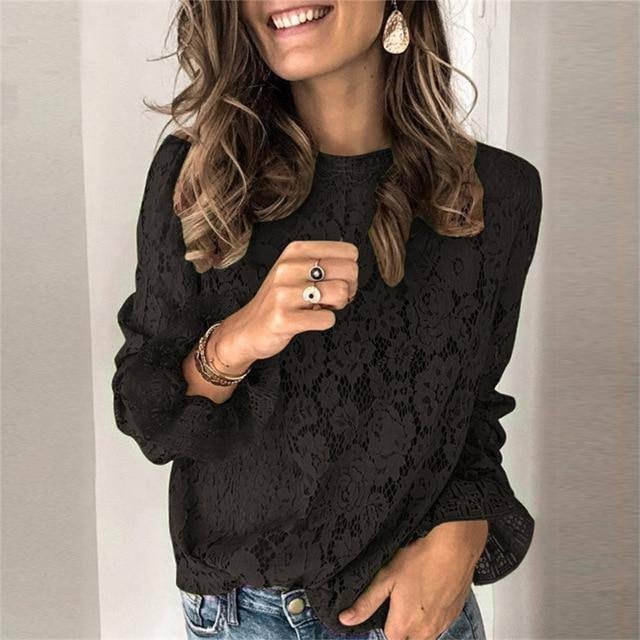 Spring Summer O-Neck Floral Lace Shirt Female Elegant Flare Long Sleeve Blouse Shirts Sexy Women Hollow Out Mesh Blusa Tops XXXL