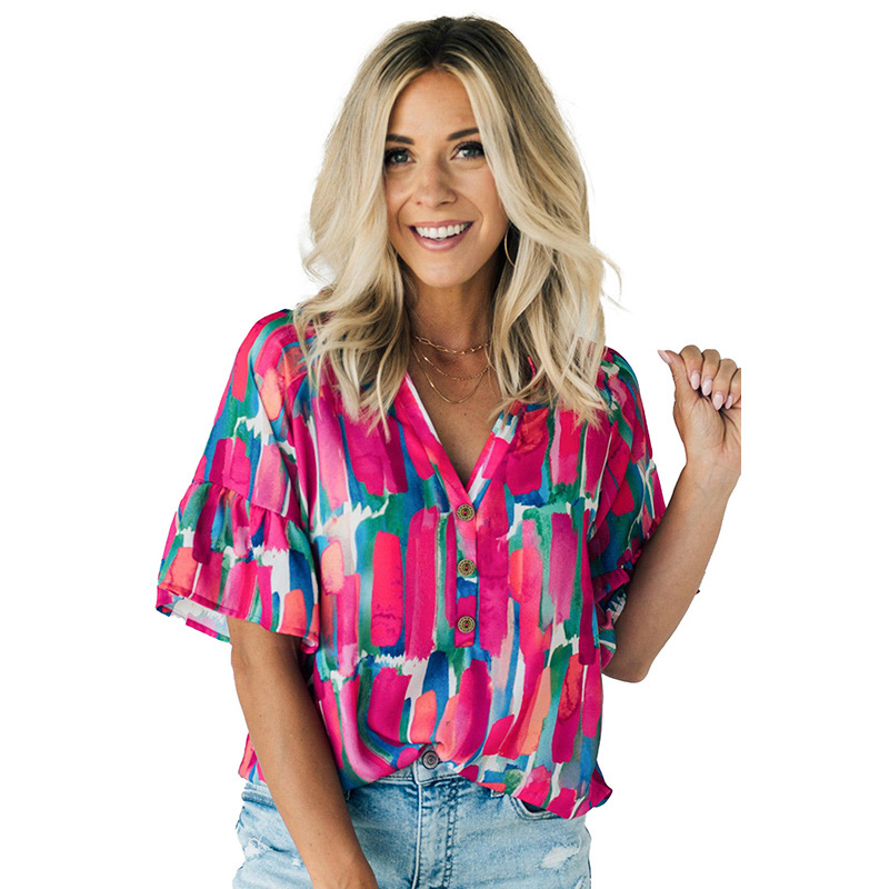 Mature Women's Casual V-neck Chiffon Shirt Printed Short-sleeved Top
