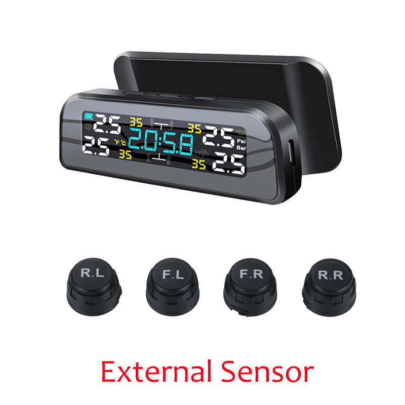 Universal TPMS Wireless Tire Pressure Monitoring System Solar Power Clock LCD Display 4 External Sensor Tire Pressure Sensors