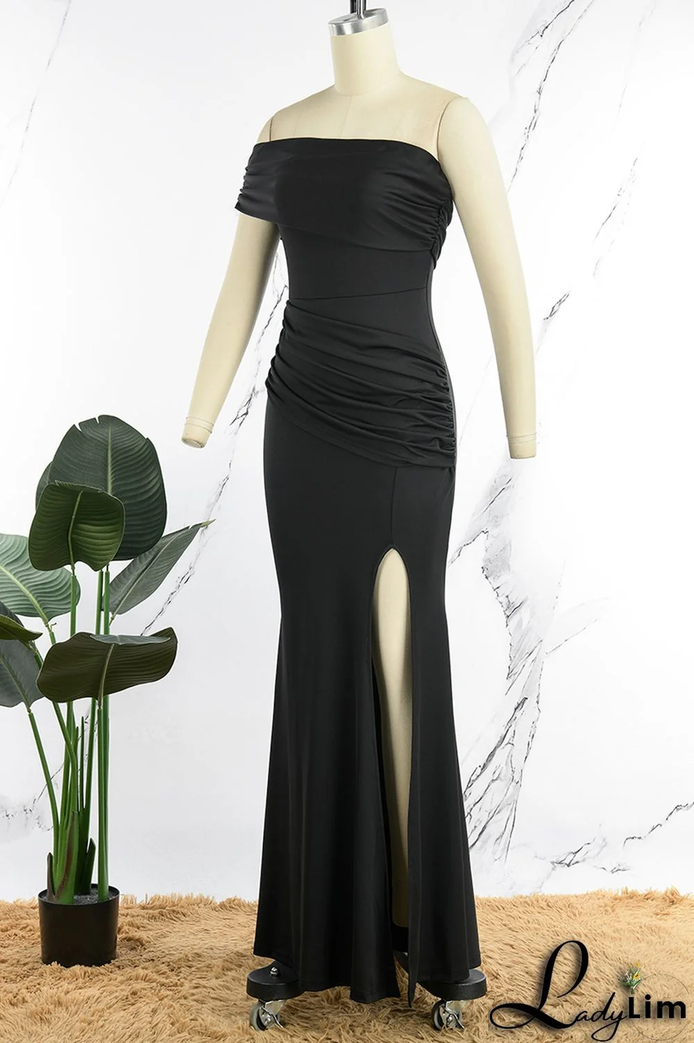 Tibetan Blue Sexy Elegant Solid Patchwork Slit Asymmetrical Off the Shoulder Evening Dress Dresses