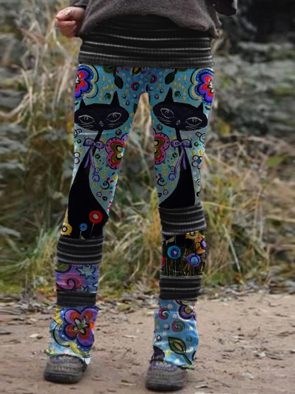 Retro floral cat print stitched thermal integrated Leggings