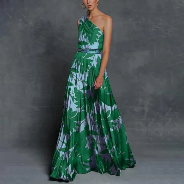 Glamorous Print Sleeveless One Shoulder Maxi Dress-vocosishoes