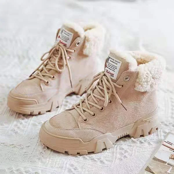 Women Snow Boots Beige Plush Warm Fur Causal Boots Shoes Sneakers Ankle Booties Platform Thick Sole Lace Up Winter Shoes