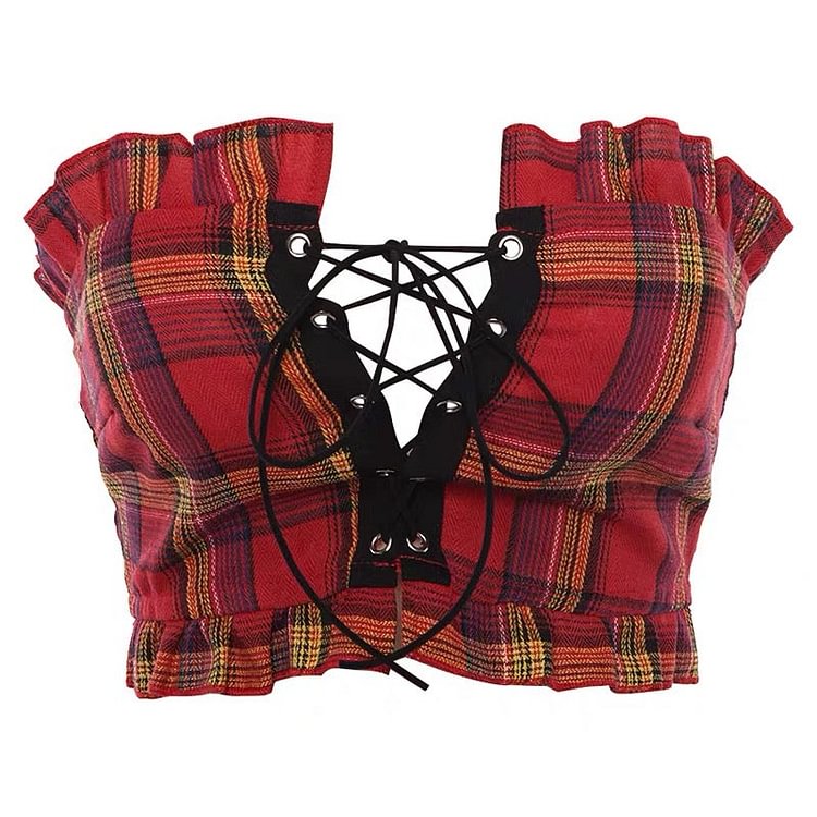 Sexy Plaid Lace up Tube Top