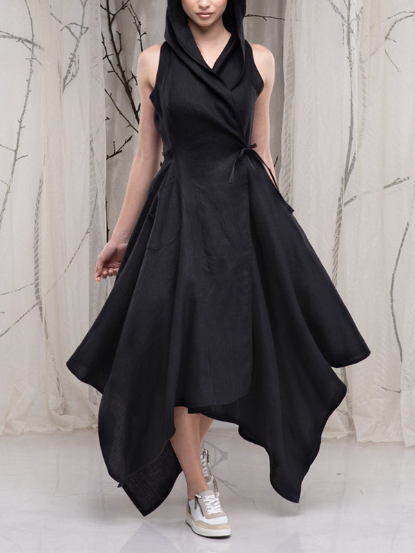 Sleeveless Hoodie Asymmetrical Hemline Maxi Dress