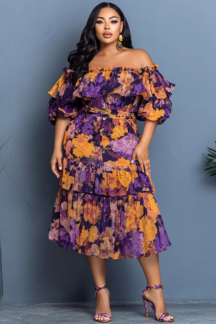 Xpluswear Design Plus Size Wedding Guest Multicolor Floral Off The Shoulder Short Sleeve Ruffle Chiffon Midi Dresses [Pre-Order] 2024 - Xpluswear
