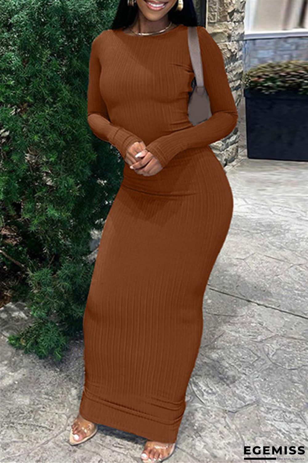 Brownness Casual Solid Basic O Neck Long Sleeve Dresses | EGEMISS